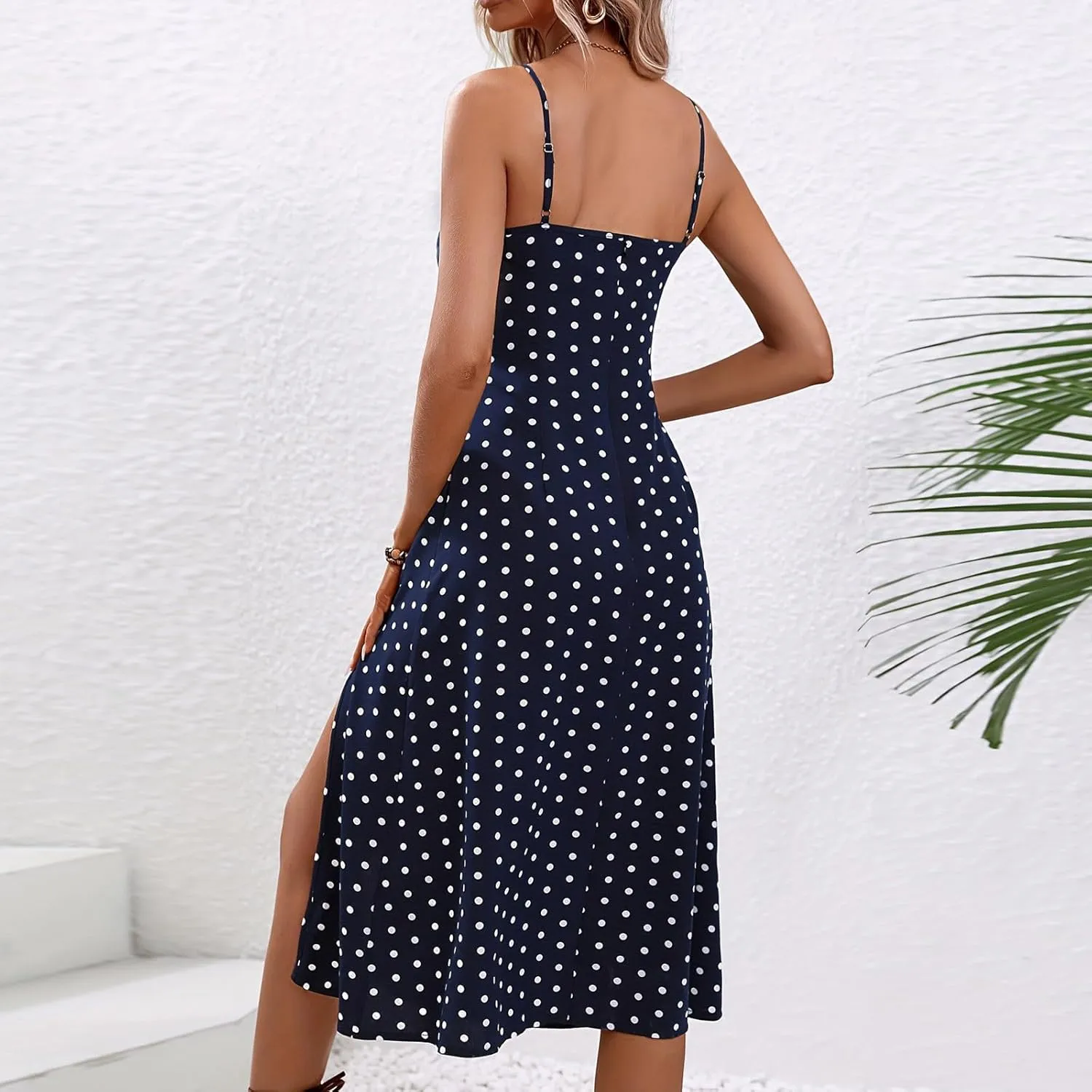 Spaghetti Strap Dresses for Women 2024 Summer Sexy Sundresses Polka Dot Print Midi Dress Side Split Boho Dresses