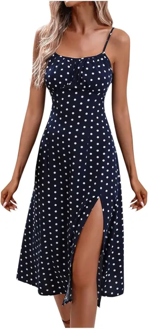 Spaghetti Strap Dresses for Women 2024 Summer Sexy Sundresses Polka Dot Print Midi Dress Side Split Boho Dresses