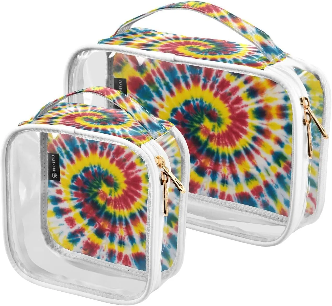 Stylish-bright-tie-dye-pattern 2 Pack Clear Toiletry Bag Women Men, Portable Waterproof Clear Pouch, Cosmetic Bag with Double Zippers Large Opening Traveling with Handle for Bathroom Traveling Vacatio