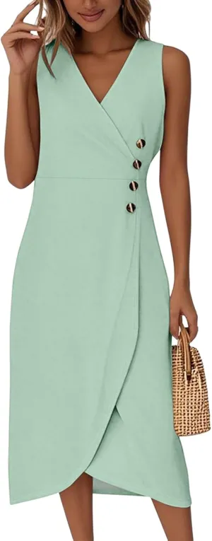 Summer Dresses for Women 2025 Casual V Neck Sleeveless Midi Dress Flowy Irregular Hem Boho Tank Dress