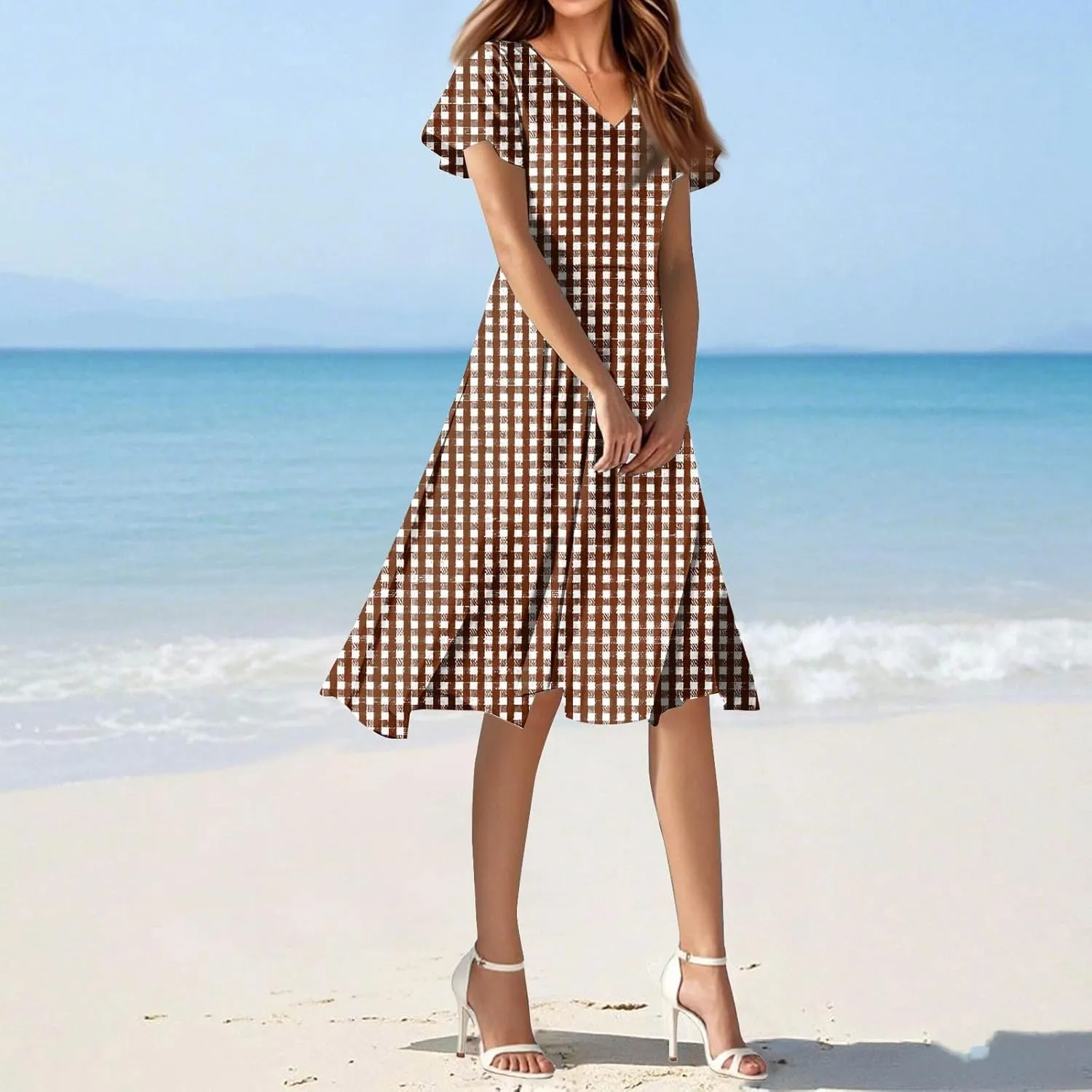 Summer Dresses for Women 2025 Short Sleeve Casual Floral Mide Dresses V-Neck Floral Beach Vacation Party Dress