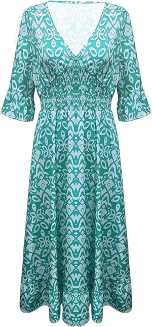 Summer Dresses for Women Boho Floral Print Dress 2025 Casual V Neck Bohemian Wrap 3/4 Sleeve High Waist Midi Dress