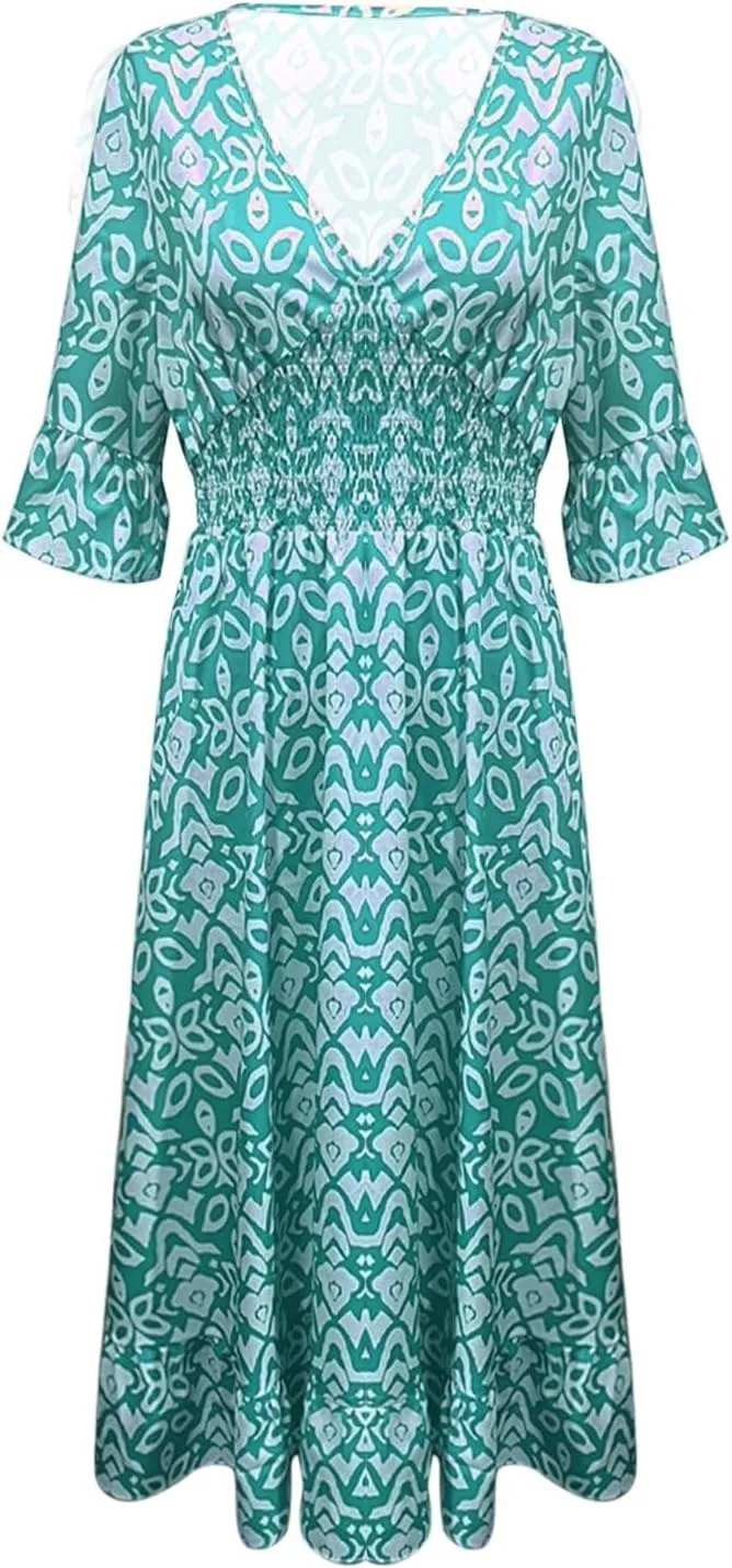 Summer Dresses for Women Boho Floral Print Dress 2025 Casual V Neck Bohemian Wrap 3/4 Sleeve High Waist Midi Dress