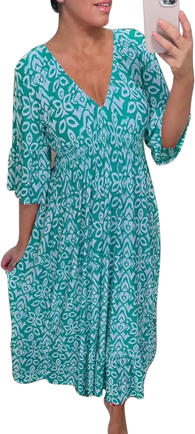 Summer Dresses for Women Boho Floral Print Dress 2025 Casual V Neck Bohemian Wrap 3/4 Sleeve High Waist Midi Dress