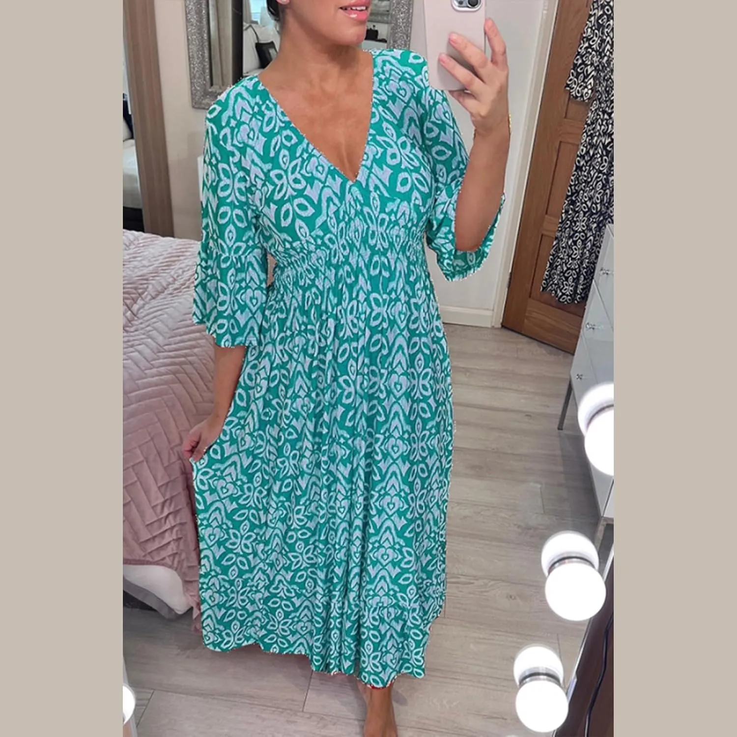 Summer Dresses for Women Boho Floral Print Dress 2025 Casual V Neck Bohemian Wrap 3/4 Sleeve High Waist Midi Dress
