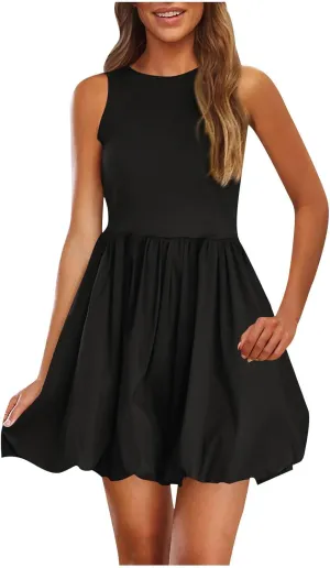 Summer Dresses for Women Casual Sleeveless Mini Bubble Short Tank Dress Cute Drop Waist Cocktail Sundress with Pockets