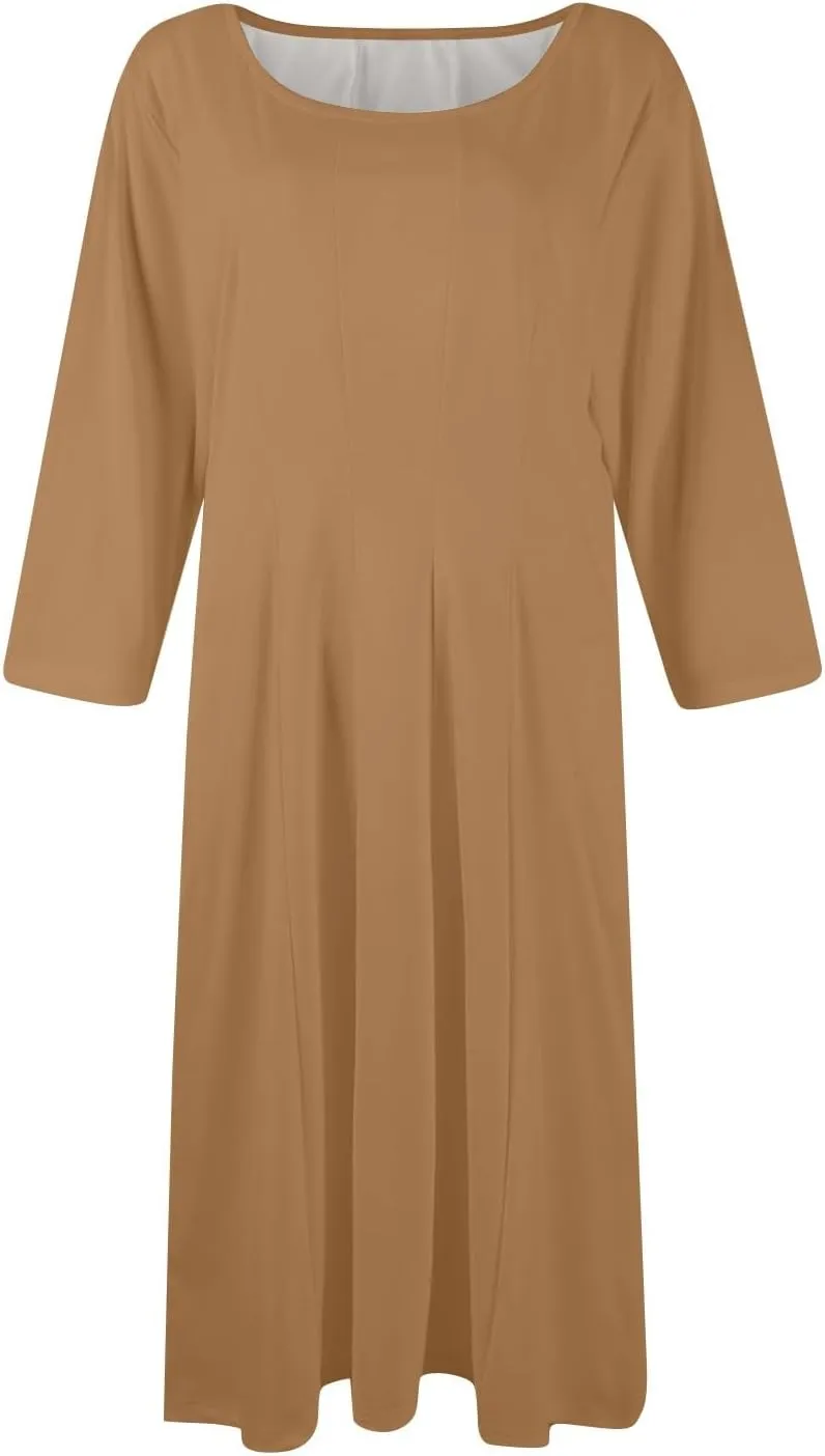Summer Dresses for Women Crewneck 3/4 Sleeve Dress A Line Dress Spring Midi Casual Flowy with Pocket