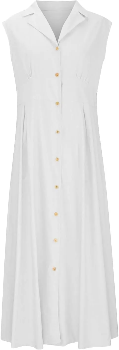 Summer Dresses for Women V Neck Business Button Down Cotton Linen Maxi Dress Sleeveless Long Sundress