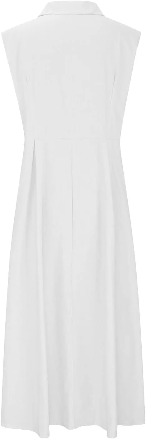 Summer Dresses for Women V Neck Business Button Down Cotton Linen Maxi Dress Sleeveless Long Sundress