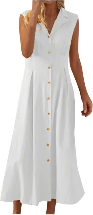 Summer Dresses for Women V Neck Business Button Down Cotton Linen Maxi Dress Sleeveless Long Sundress