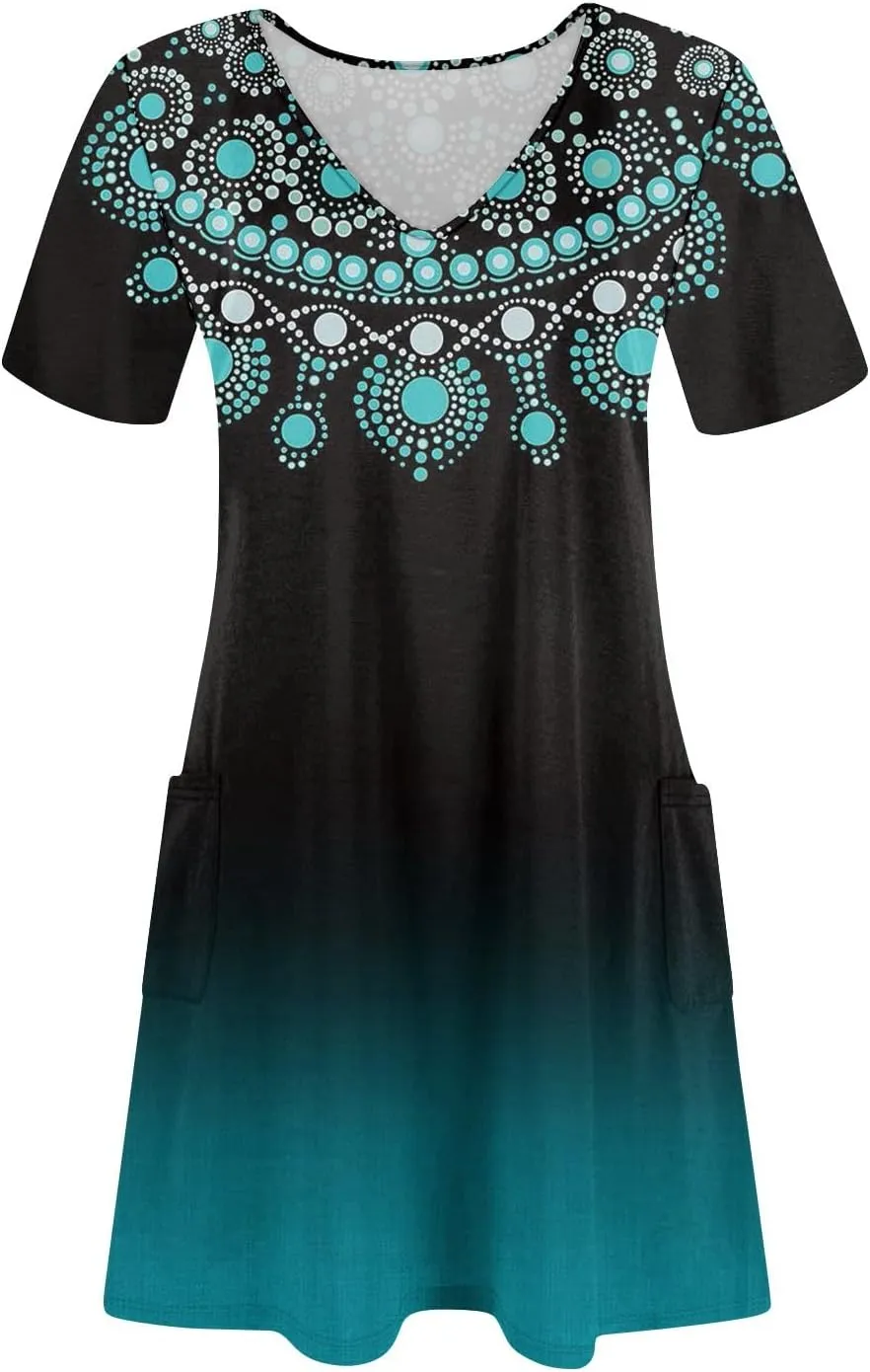 Summer Dresses for Women V-Neck Swimsuit Coverup Floral Sundresses Casual Short Sleeve T Shirt Dress Loose with Pockets