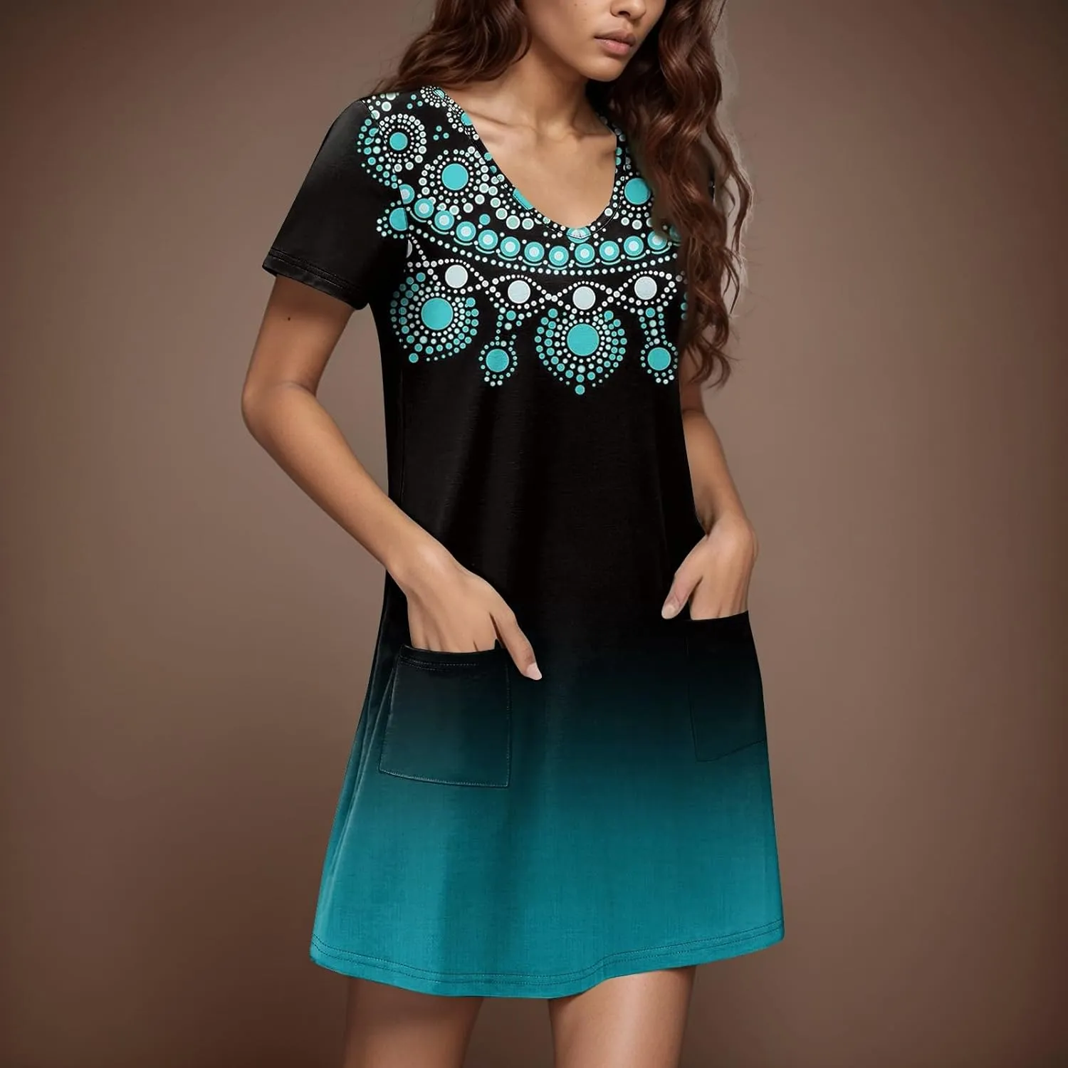 Summer Dresses for Women V-Neck Swimsuit Coverup Floral Sundresses Casual Short Sleeve T Shirt Dress Loose with Pockets