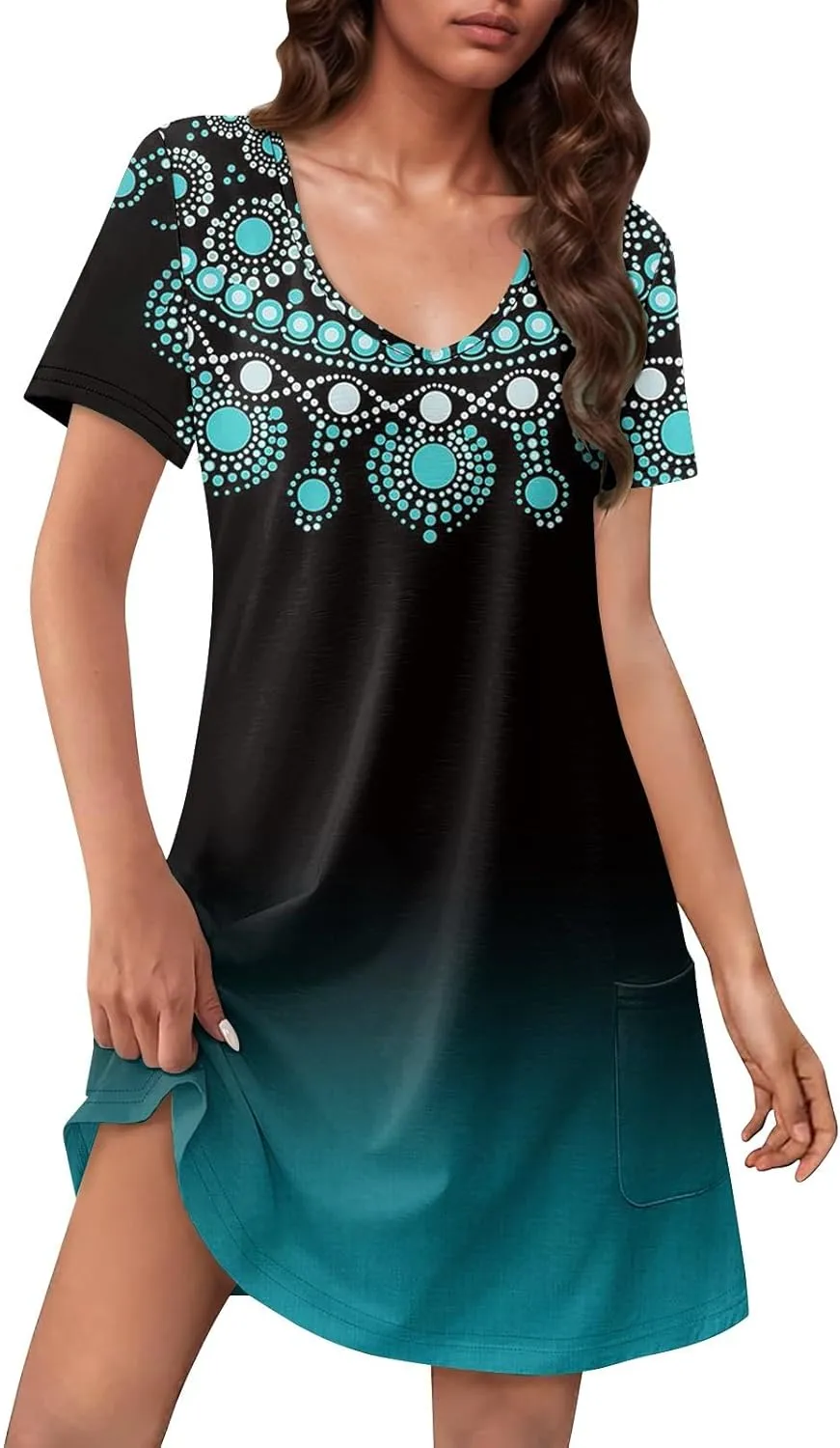 Summer Dresses for Women V-Neck Swimsuit Coverup Floral Sundresses Casual Short Sleeve T Shirt Dress Loose with Pockets