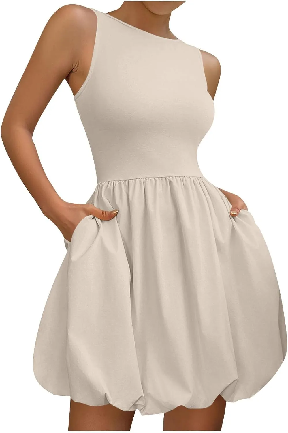 Summer Dresses Women 2025 Casual Sleeveless Tank Mini Short Dress Crew Neck Bubble Sundress Beach Wedding Guest Dress