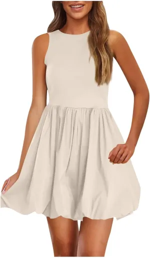 Summer Dresses Women 2025 Casual Sleeveless Tank Mini Short Dress Crew Neck Bubble Sundress Beach Wedding Guest Dress
