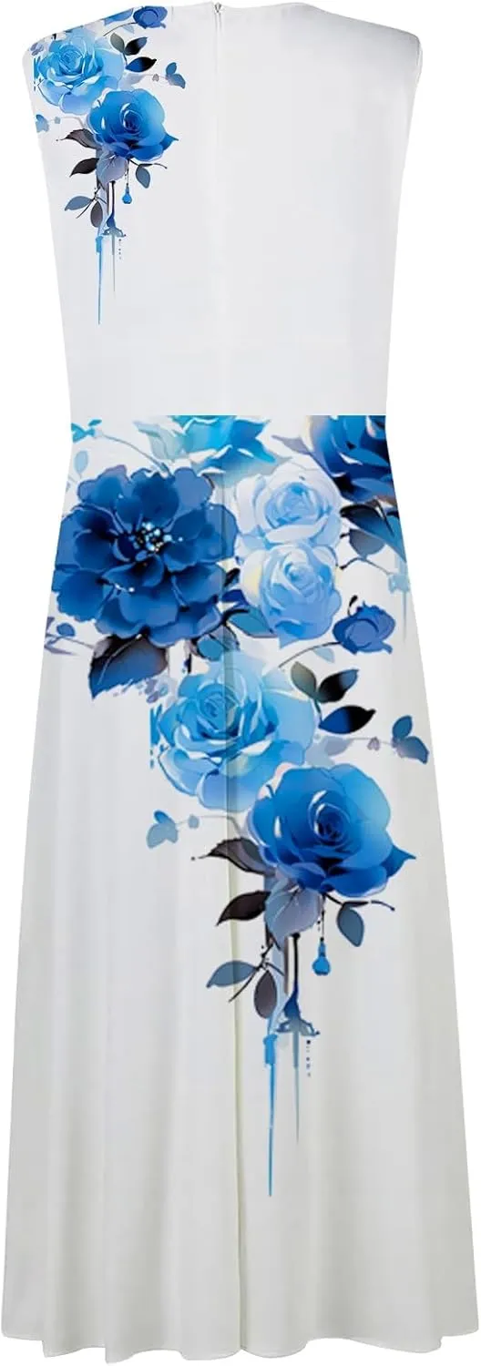 Sun Dresses for Women, Casual Spring Summer Elegant Wrap V Neck Sleeveless Maxi Dresses, Floral Print Flowy Beach Dress