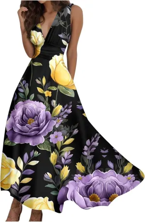 Sun Dresses for Women, Graphic Print Flowy Beach Dress, Spring Summer Casual Elegant Wrap V Neck Sleeveless Maxi Dresses