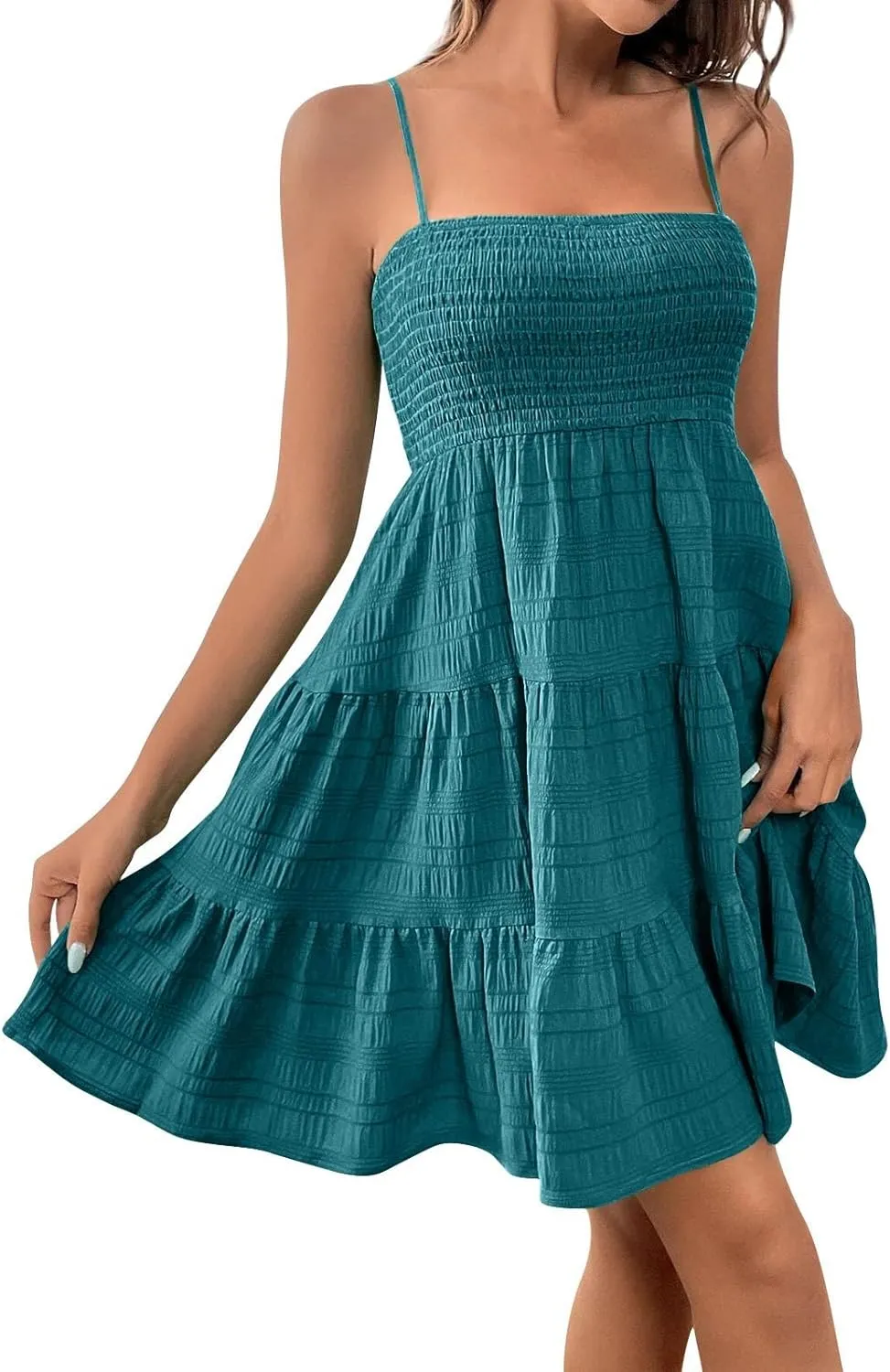 Sundress for Women 2025 Casual Plus Size Beach Vacation Dresses Smocked Flowy Boho Spaghetti Strap A-Line Mini Dress