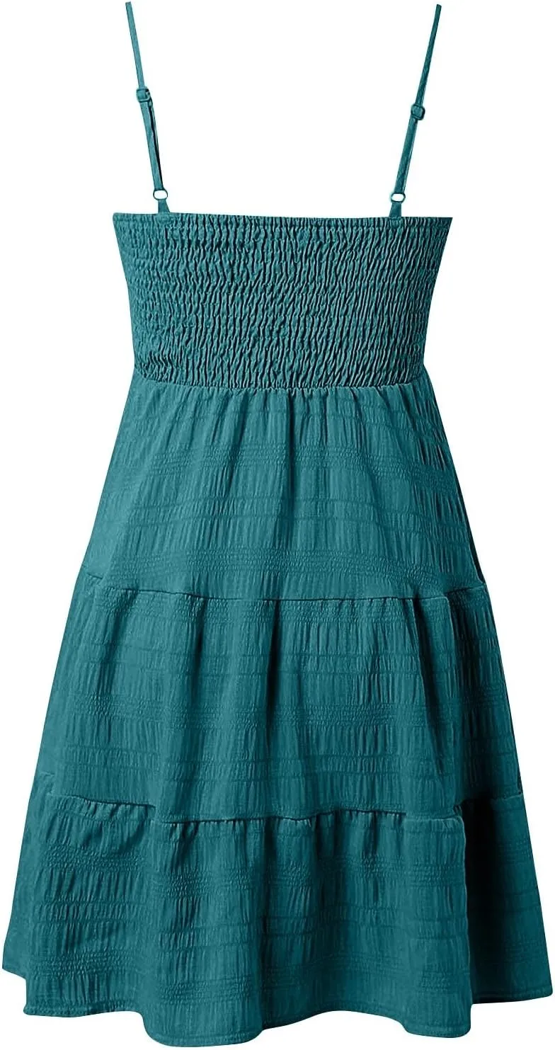 Sundress for Women 2025 Casual Plus Size Beach Vacation Dresses Smocked Flowy Boho Spaghetti Strap A-Line Mini Dress