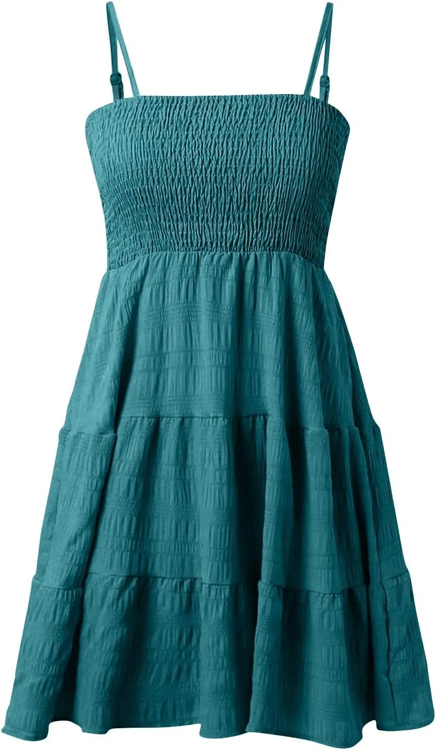 Sundress for Women 2025 Casual Plus Size Beach Vacation Dresses Smocked Flowy Boho Spaghetti Strap A-Line Mini Dress