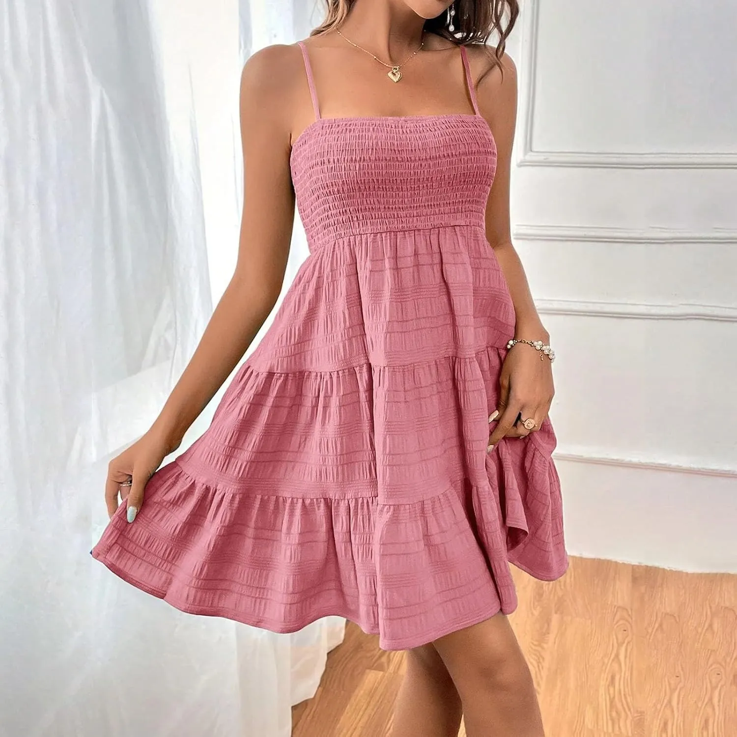 Sundresses for Women Smocked Spaghetti Strap Square Neck Mini Babydoll Dress Casual Summer Flowy Tiered Ruffle Dress