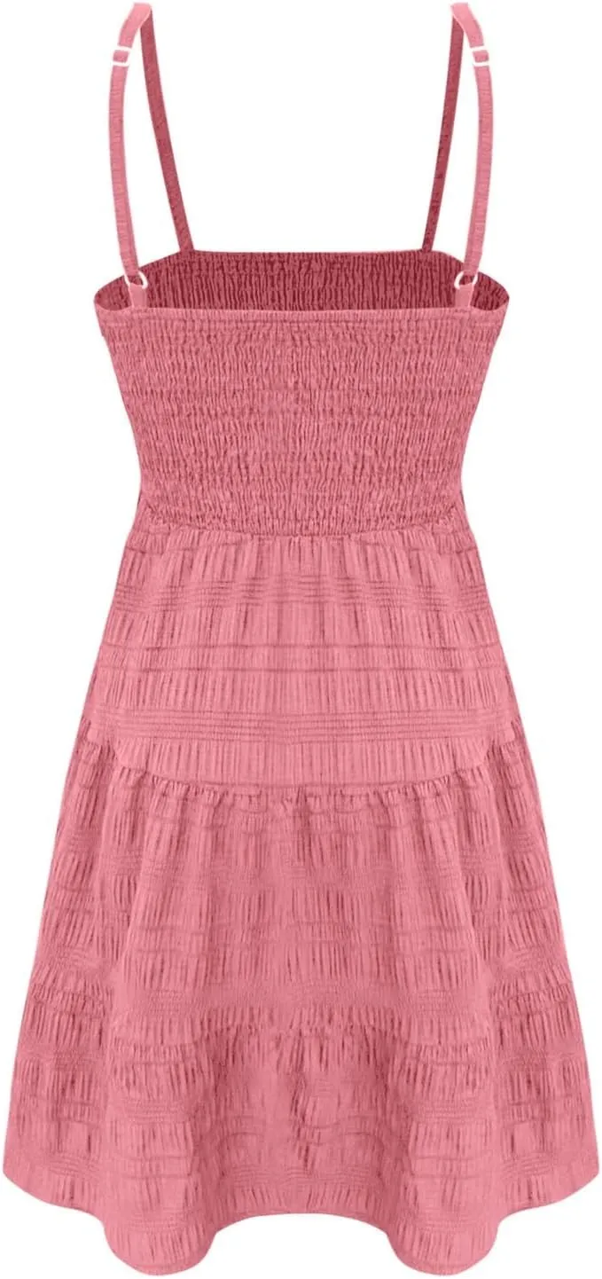 Sundresses for Women Smocked Spaghetti Strap Square Neck Mini Babydoll Dress Casual Summer Flowy Tiered Ruffle Dress