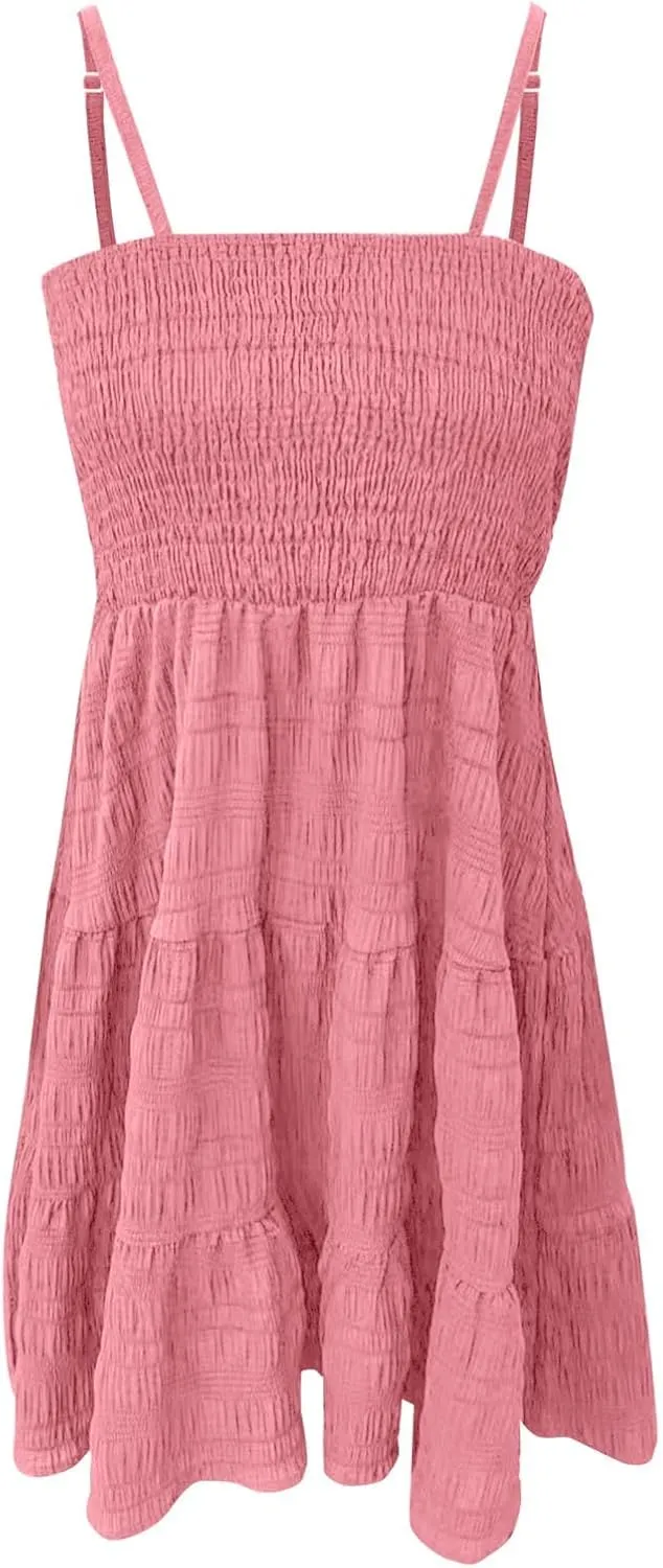 Sundresses for Women Smocked Spaghetti Strap Square Neck Mini Babydoll Dress Casual Summer Flowy Tiered Ruffle Dress