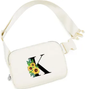 Sunflower Gifts for Women Fanny Pack with Adjustable Strap Initial Letter Mini Belt Bag Workout Running Traveling Hiking Trendy Stuff Crossbody Bags Teenage Christmas Birthday Gift | Cream,K