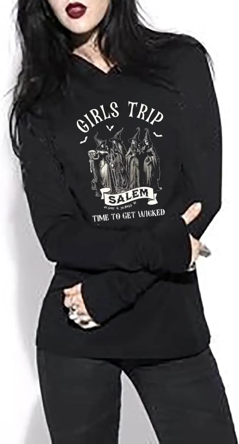 Susongeth Halloween Sanderson Sisters Fashion Hoodie Women Halloween Hocus Pocus Long Sleeve T-Shirt Lightweight Pullover Top