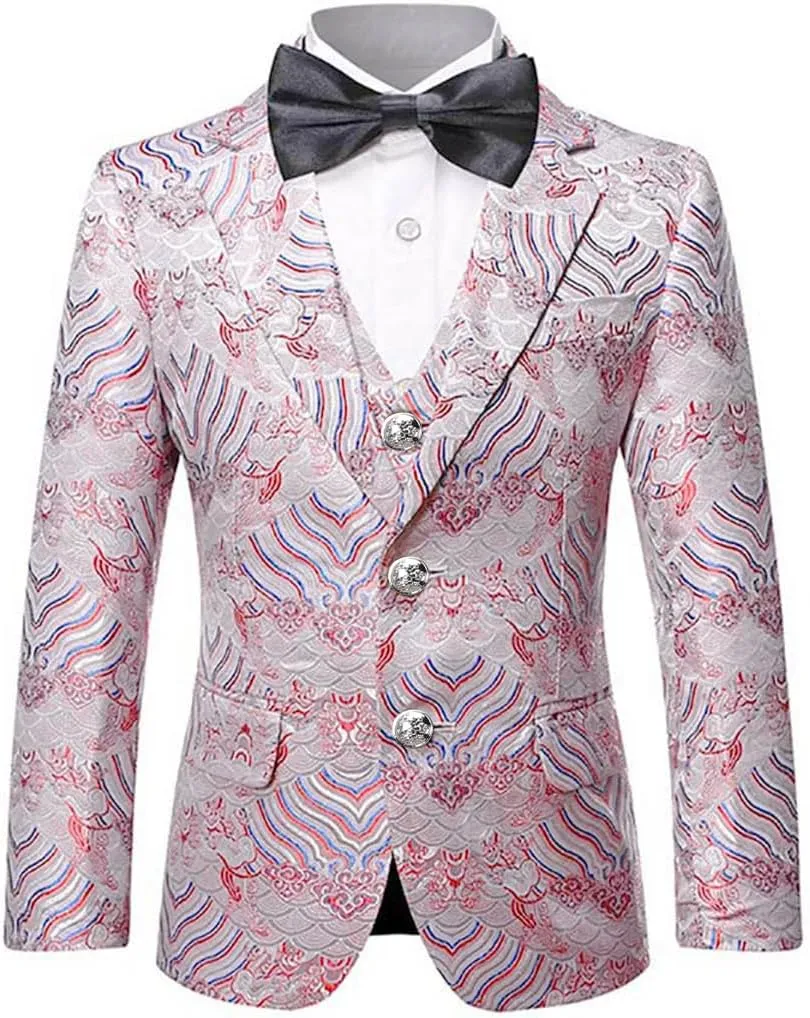 SWOTGdoby Boys 3 Pieces Suit Slim Fit Jacquard Tuxedo Formal Shawl Collar Jacket Vest Pants Ring Bearer Outfit Wedding Prom