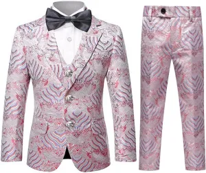 SWOTGdoby Boys 3 Pieces Suit Slim Fit Jacquard Tuxedo Formal Shawl Collar Jacket Vest Pants Ring Bearer Outfit Wedding Prom