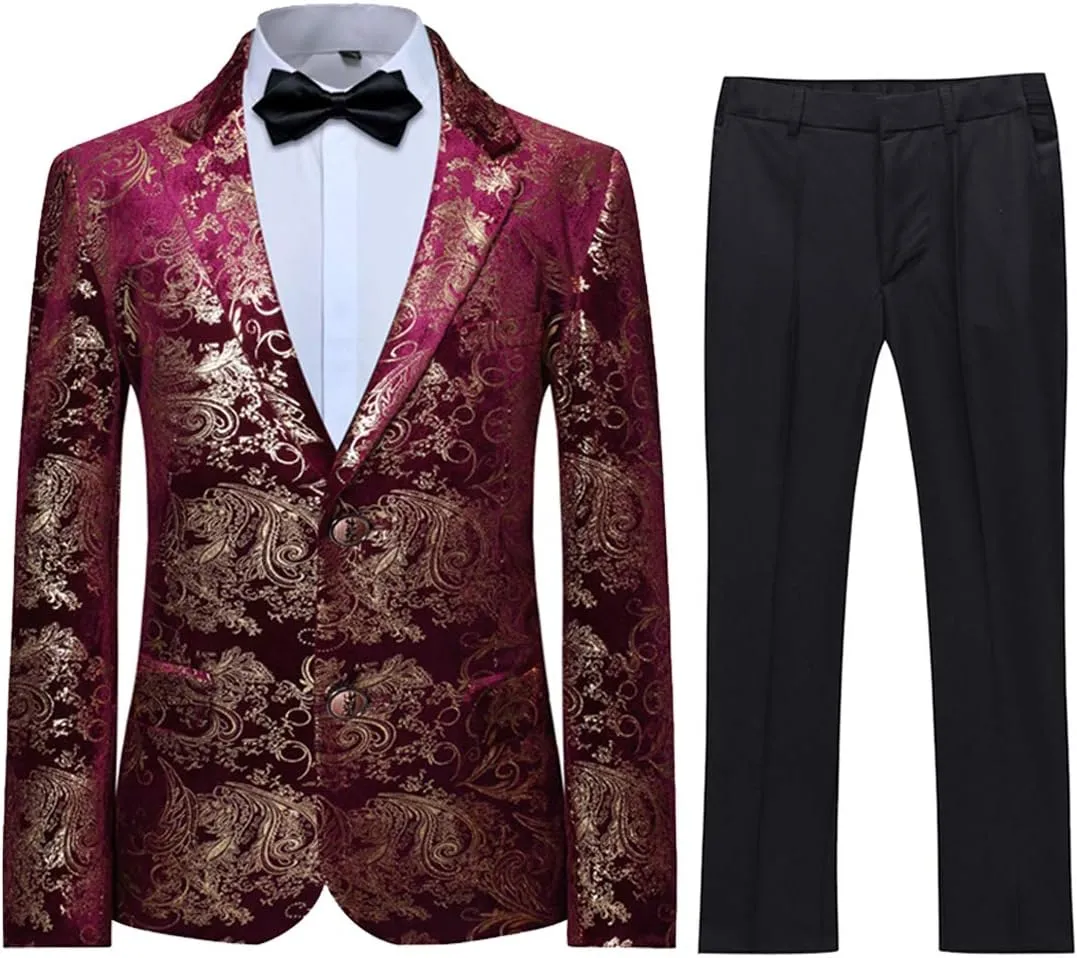 SWOTGdoby Boys Suit Formal Tuexdo Golden Jacquard Slim Fit 2 Pieces Suit Set Jacket Pants for Wedding Prom Party