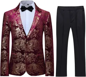 SWOTGdoby Boys Suit Formal Tuexdo Golden Jacquard Slim Fit 2 Pieces Suit Set Jacket Pants for Wedding Prom Party