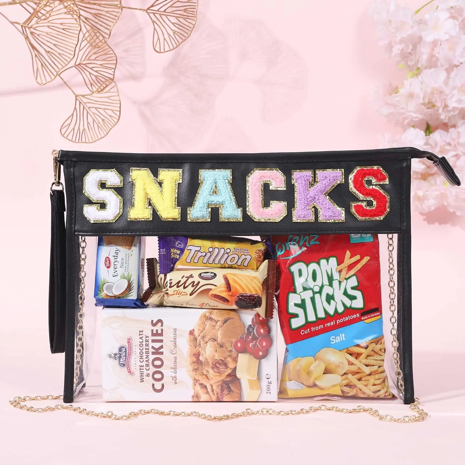 TopTTanBo Chenille Letter Clear Bag Purse Multi-purpose Transparent Waterproof Snacks Makeup Tote Bag with Wrist Strap