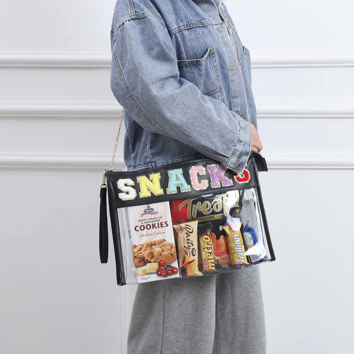 TopTTanBo Chenille Letter Clear Bag Purse Multi-purpose Transparent Waterproof Snacks Makeup Tote Bag with Wrist Strap