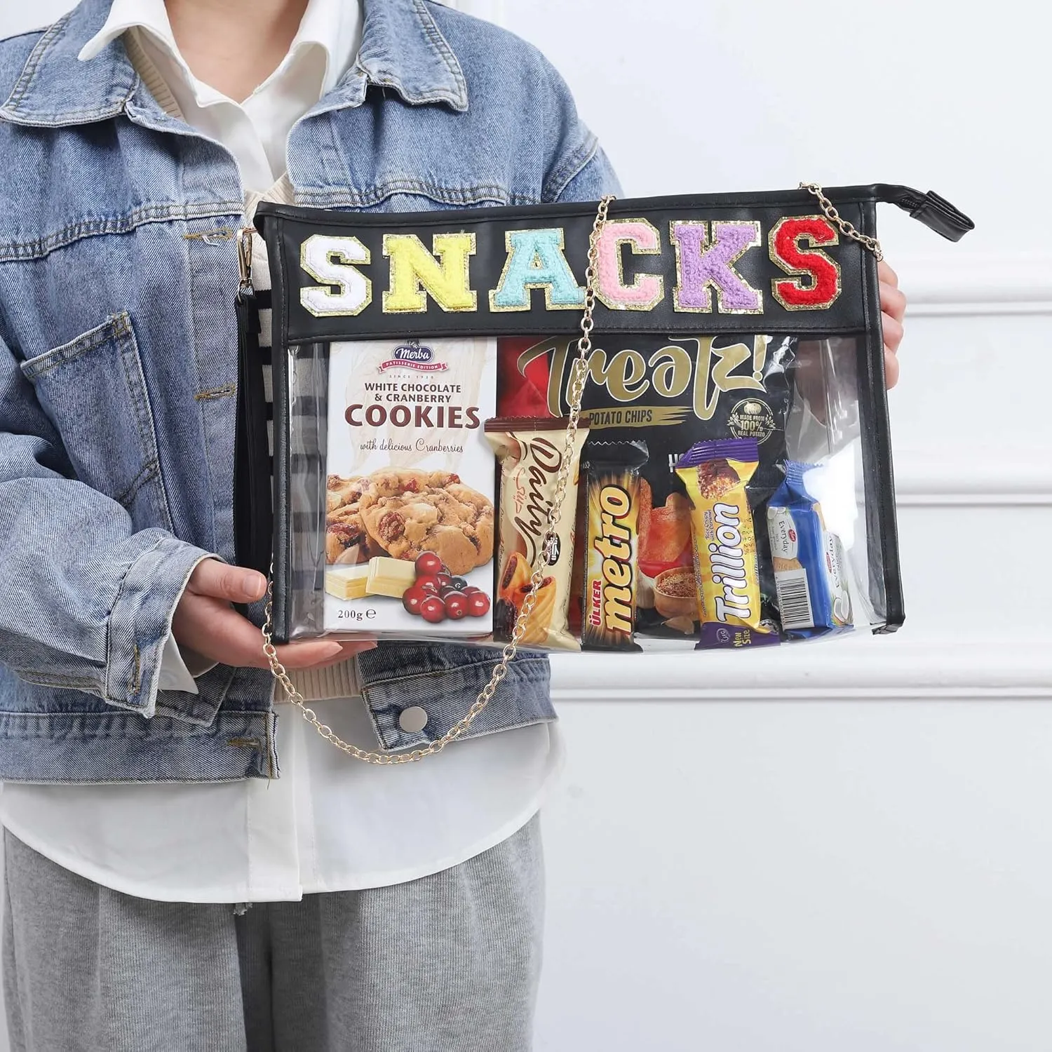 TopTTanBo Chenille Letter Clear Bag Purse Multi-purpose Transparent Waterproof Snacks Makeup Tote Bag with Wrist Strap