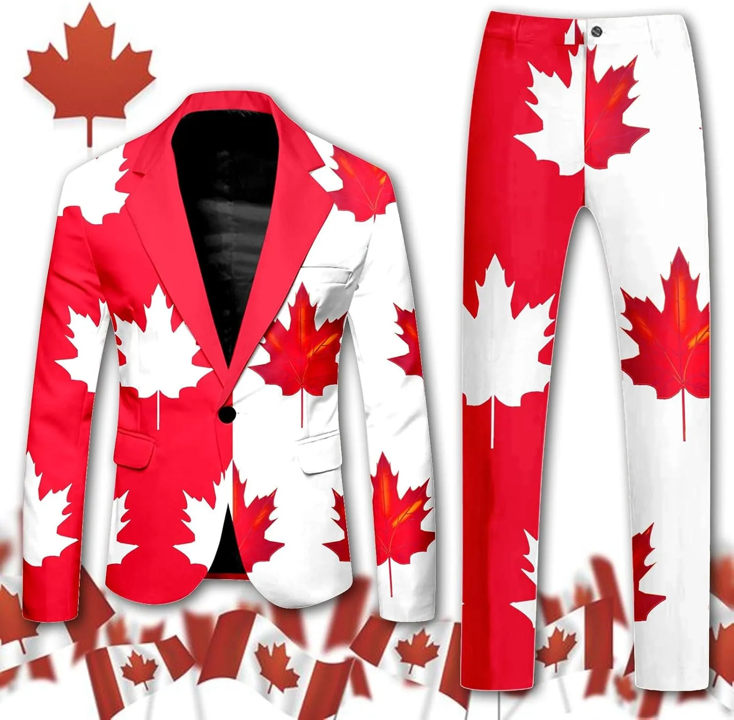 Tuxedo Suits for Men 2 Piece Canada Maple Leaf Printed Lapel V Neck One Button Blazer and Pant Matching Sets