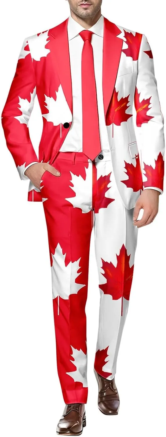 Tuxedo Suits for Men 2 Piece Canada Maple Leaf Printed Lapel V Neck One Button Blazer and Pant Matching Sets