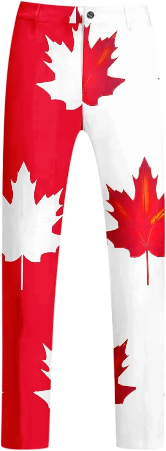 Tuxedo Suits for Men 2 Piece Canada Maple Leaf Printed Lapel V Neck One Button Blazer and Pant Matching Sets