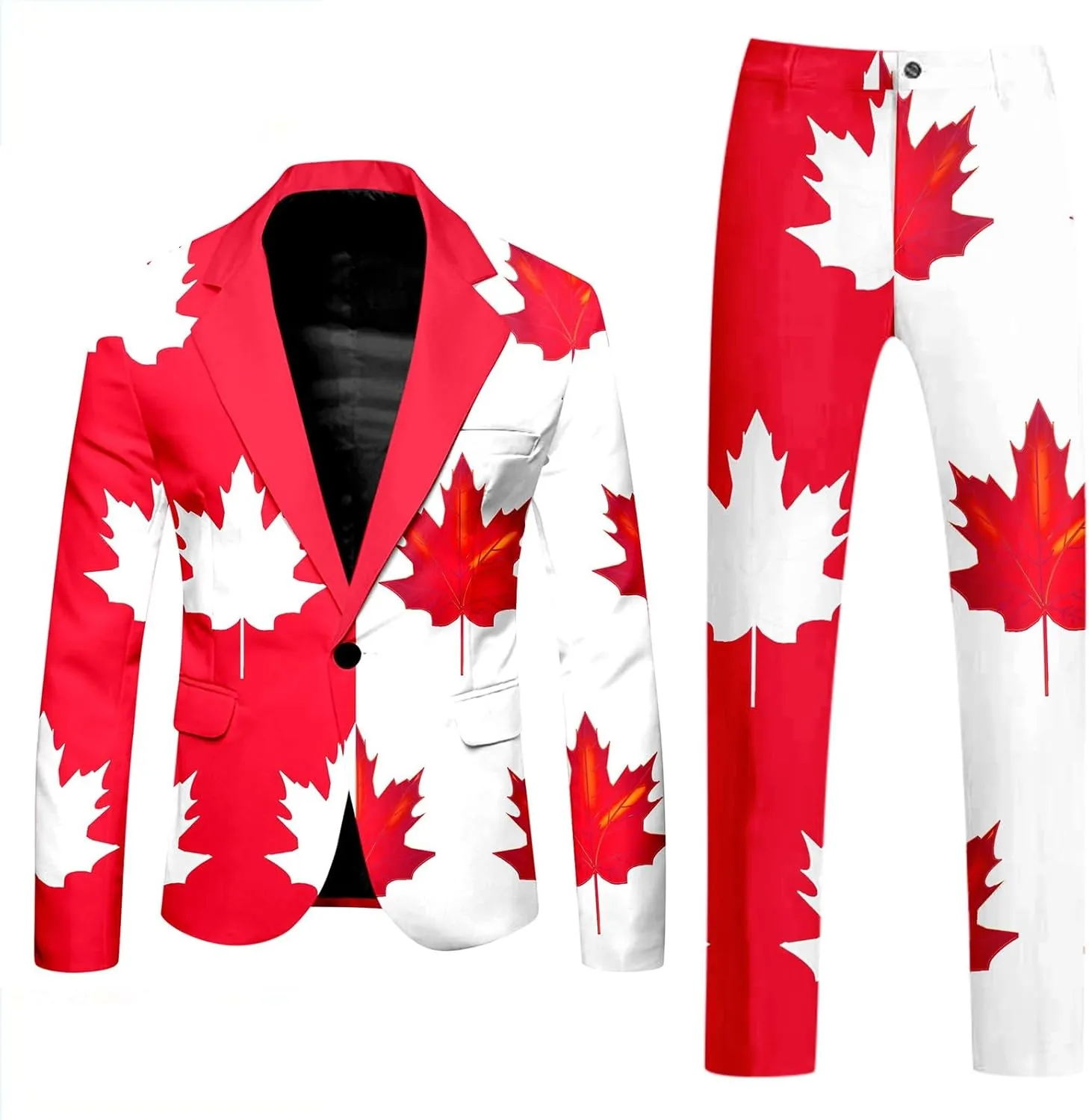 Tuxedo Suits for Men 2 Piece Canada Maple Leaf Printed Lapel V Neck One Button Blazer and Pant Matching Sets