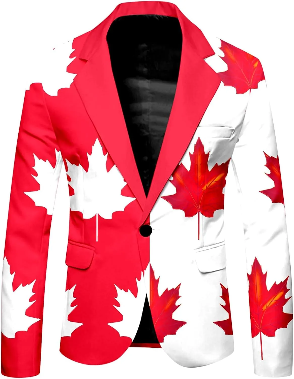 Tuxedo Suits for Men 2 Piece Canada Maple Leaf Printed Lapel V Neck One Button Blazer and Pant Matching Sets