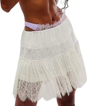 UAURORAO Women Lace Trim Half Slip Skirt Elastic Y2k Floral Sheer Mini Skirt Ruffle Pleated Underskirt Shirt Extender