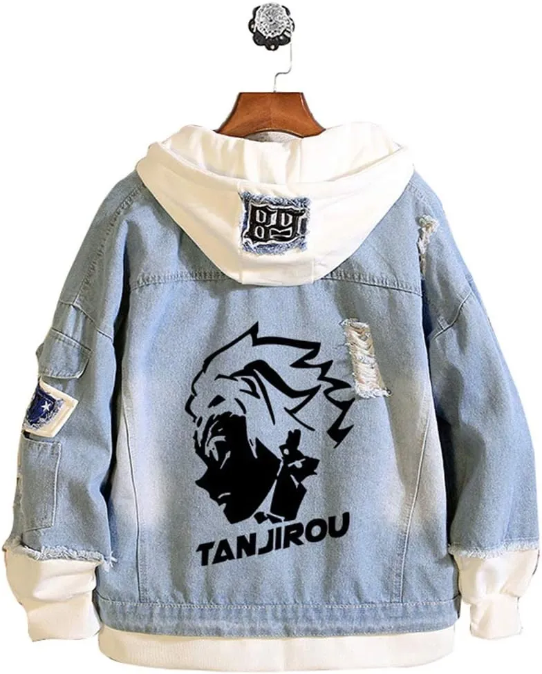 Unisex Demon Casual Printed Anime Hooded Button Denim Jacket for Men and Women