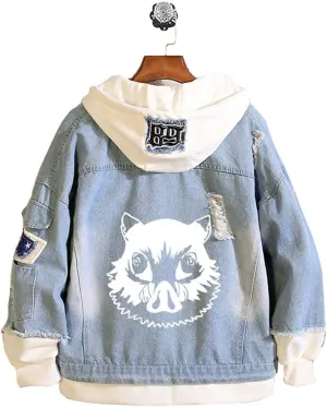 Unisex Demon Casual Printed Anime Hooded Button Denim Jacket for Men and Women