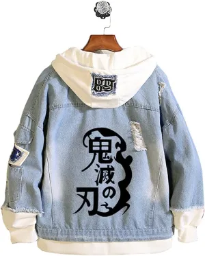 Unisex Demon Casual Printed Anime Hooded Button Denim Jacket for Men and Women