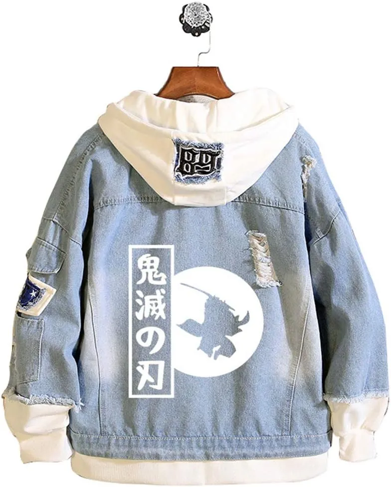 Unisex Demon Casual Printed Anime Hooded Button Denim Jacket for Men and Women