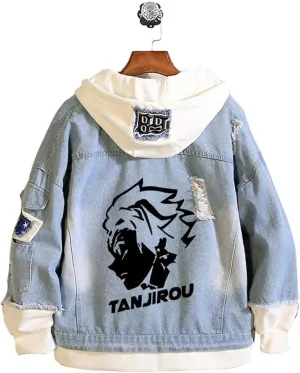 Unisex Demon Casual Printed Anime Hooded Button Denim Jacket for Men and Women