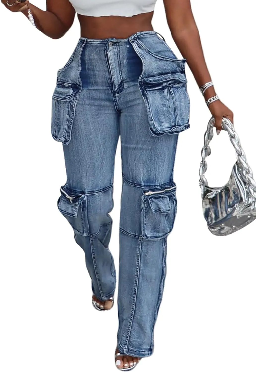 Vaceky Stretch Cargo Jeans Women Straight Leg Side Zipper Slit Y2K Denim Pants with Pockets