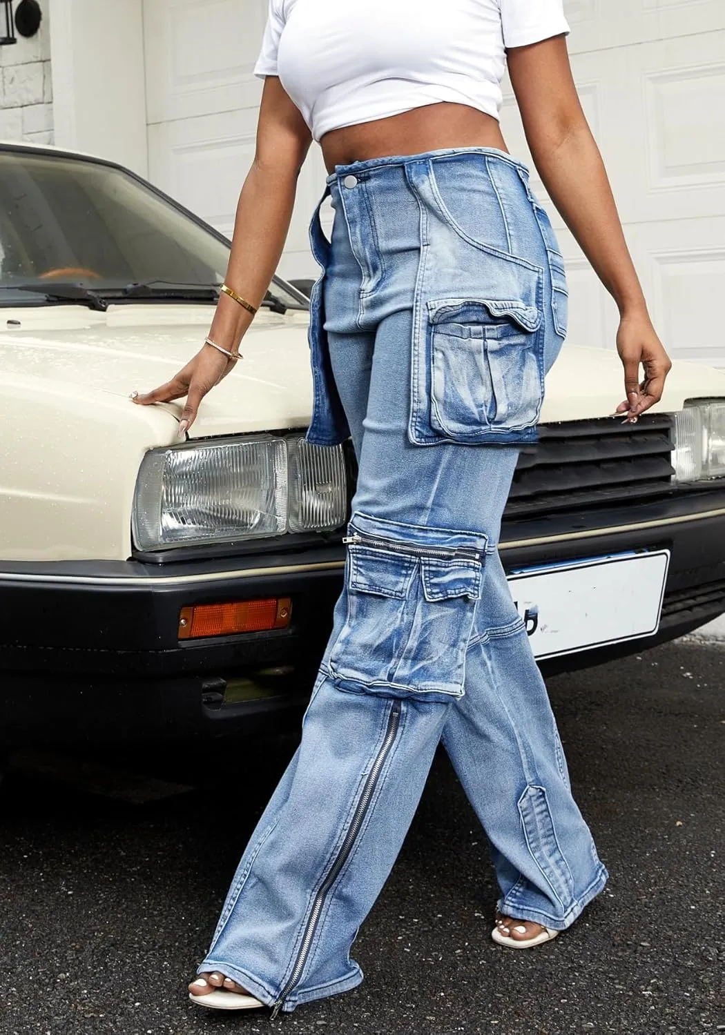 Vaceky Stretch Cargo Jeans Women Straight Leg Side Zipper Slit Y2K Denim Pants with Pockets