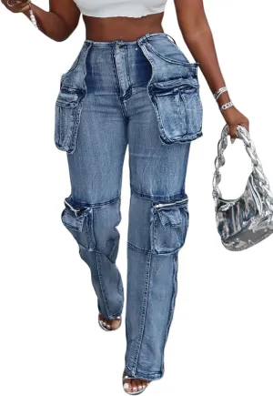 Vaceky Stretch Cargo Jeans Women Straight Leg Side Zipper Slit Y2K Denim Pants with Pockets